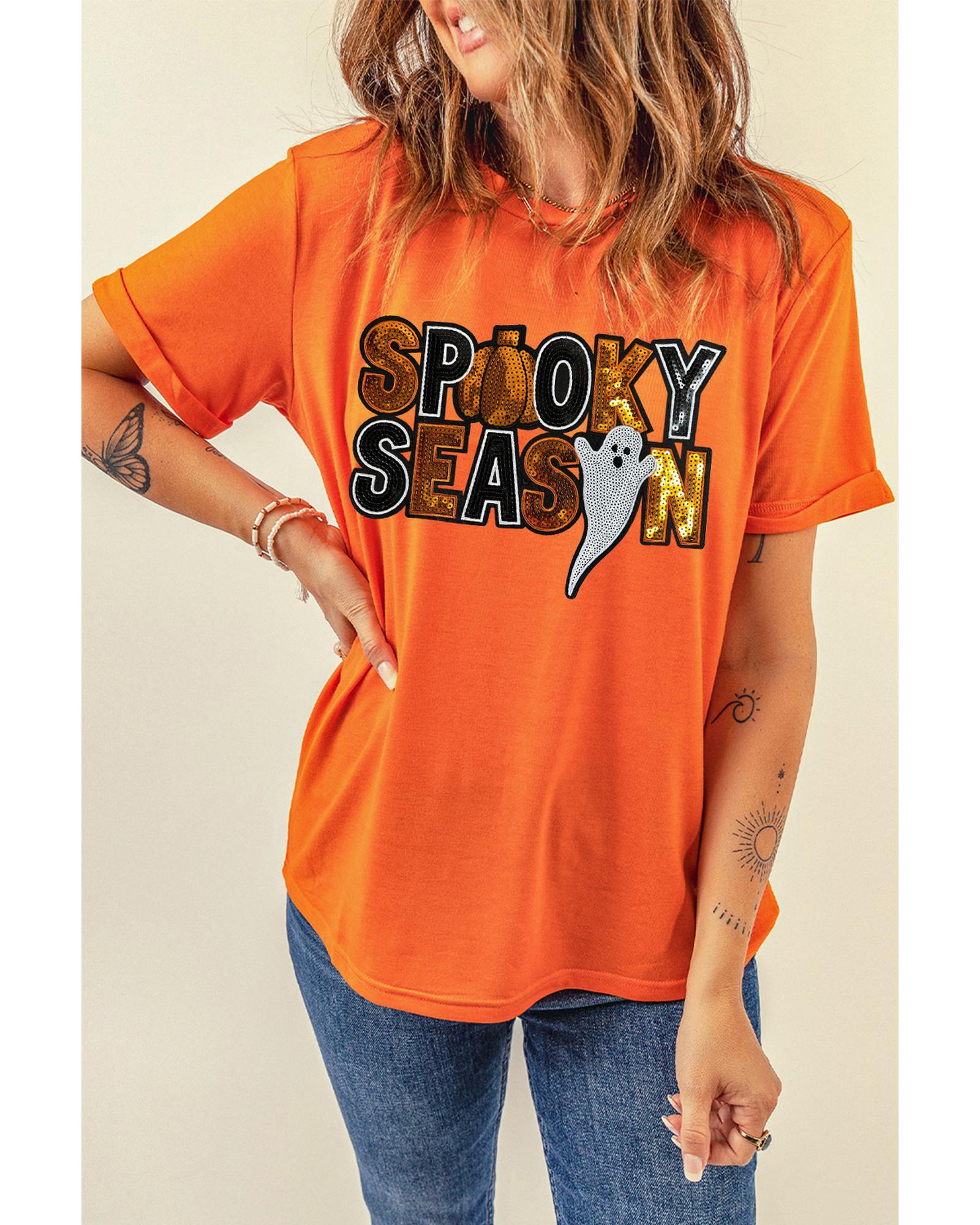 Orange Sequin SPOOKY SEASON Ghost Pattern Halloween T Shirt - 3XL
