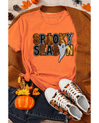 Orange Sequin SPOOKY SEASON Ghost Pattern Halloween T Shirt - S