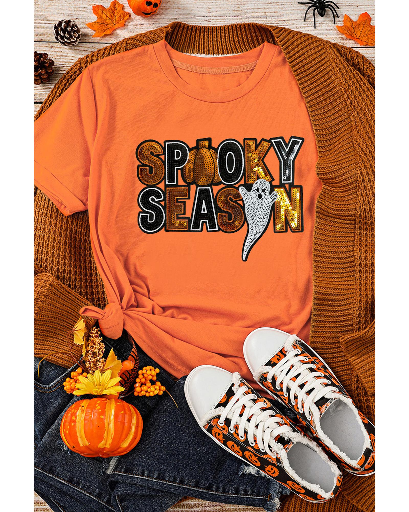 Orange Sequin SPOOKY SEASON Ghost Pattern Halloween T Shirt - S