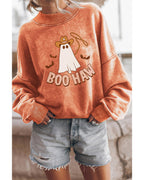 Orange BOO HAW Ghost Halloween Print Drop Sleeve Sweatshirt - L