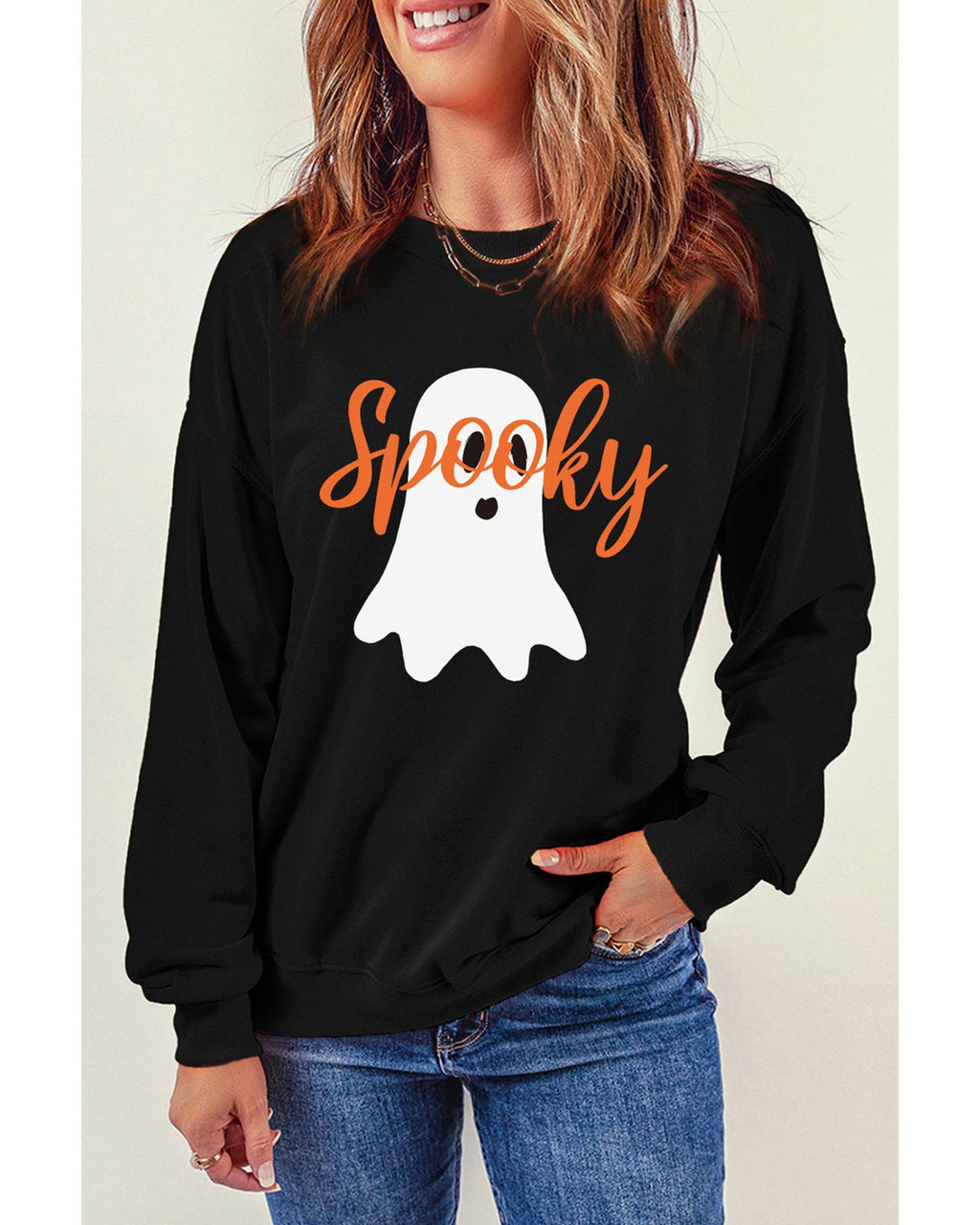 Black Halloween Spooky Ghost Print Crewneck Pullover Sweatshirt - M