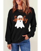 Black Halloween Spooky Ghost Print Crewneck Pullover Sweatshirt - S