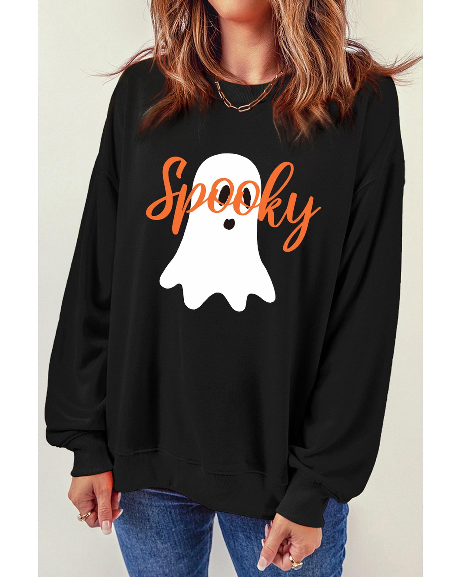 Black Halloween Spooky Ghost Print Crewneck Pullover Sweatshirt - XL
