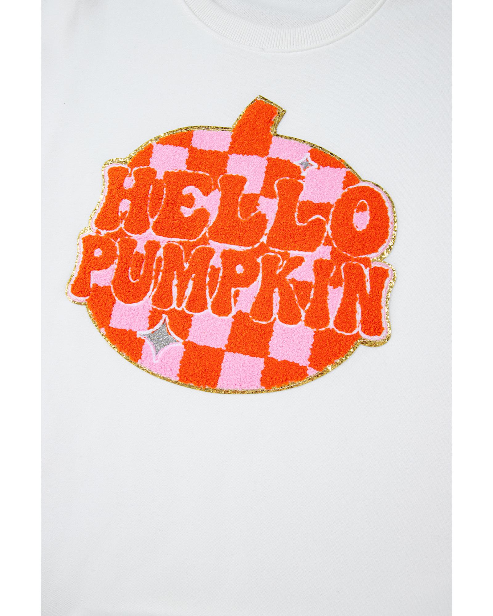 White Terry Halloween Pumpkin Patched Pattern Pullover Sweatshirt - M