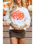 White Terry Halloween Pumpkin Patched Pattern Pullover Sweatshirt - M