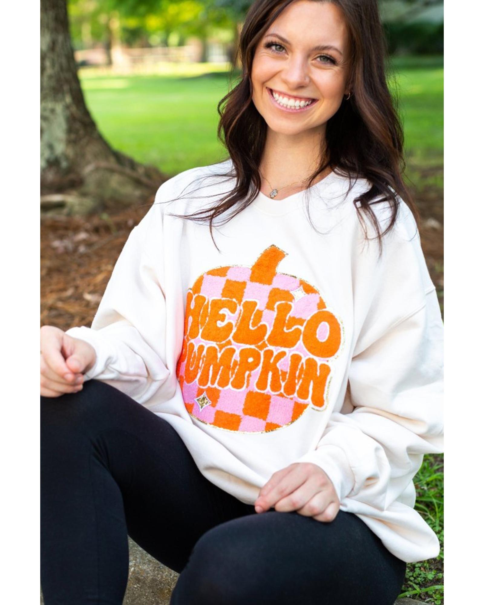 White Terry Halloween Pumpkin Patched Pattern Pullover Sweatshirt - M