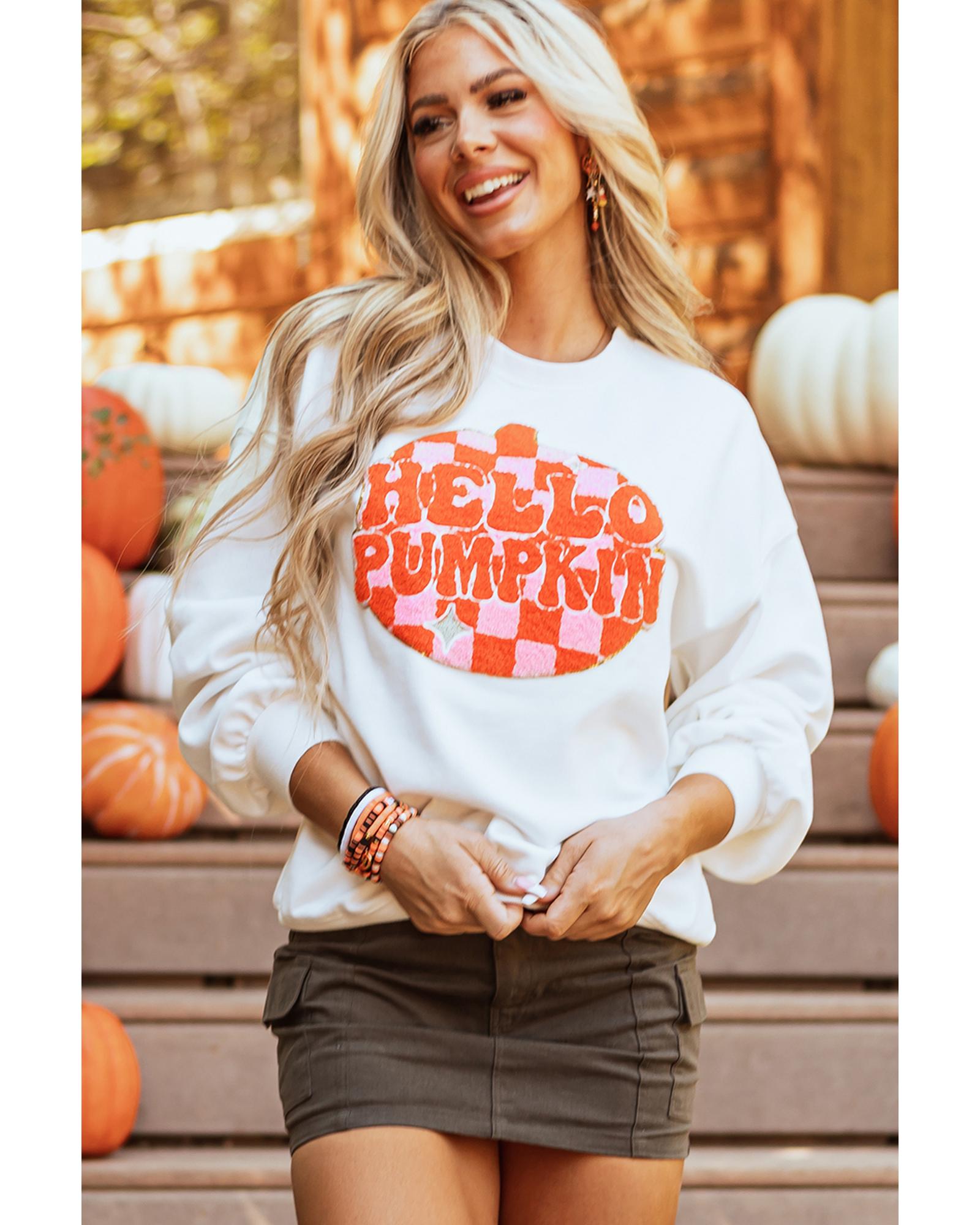 White Terry Halloween Pumpkin Patched Pattern Pullover Sweatshirt - XL