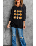 Black Floral Pumpkin Graphic Round Neck Halloween Sweatshirt - L
