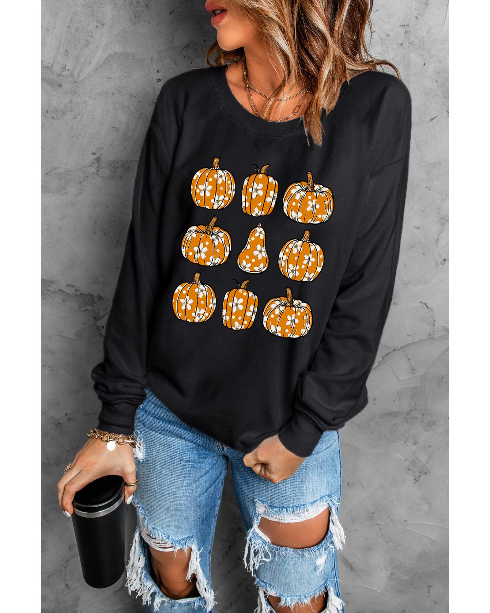 Black Floral Pumpkin Graphic Round Neck Halloween Sweatshirt - M