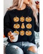 Black Floral Pumpkin Graphic Round Neck Halloween Sweatshirt - S