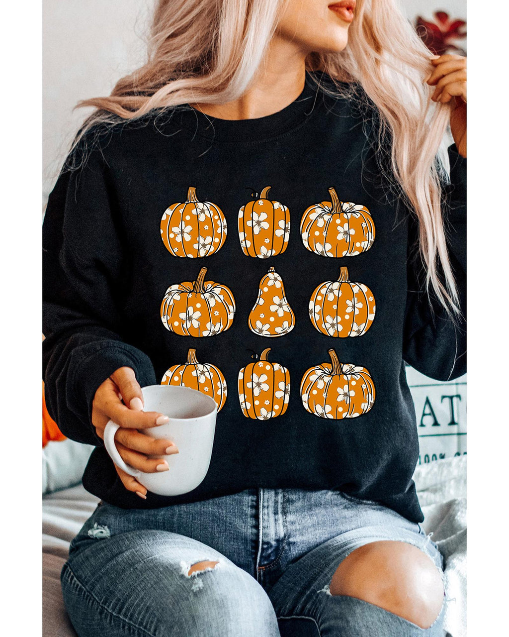 Black Floral Pumpkin Graphic Round Neck Halloween Sweatshirt - XL