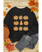 Black Floral Pumpkin Graphic Round Neck Halloween Sweatshirt - XL