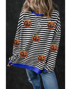 Black Stripe Funny Halloween Pumpkin Face Pattern Oversize Sweatshirt - L