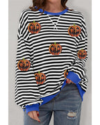 Black Stripe Funny Halloween Pumpkin Face Pattern Oversize Sweatshirt - M