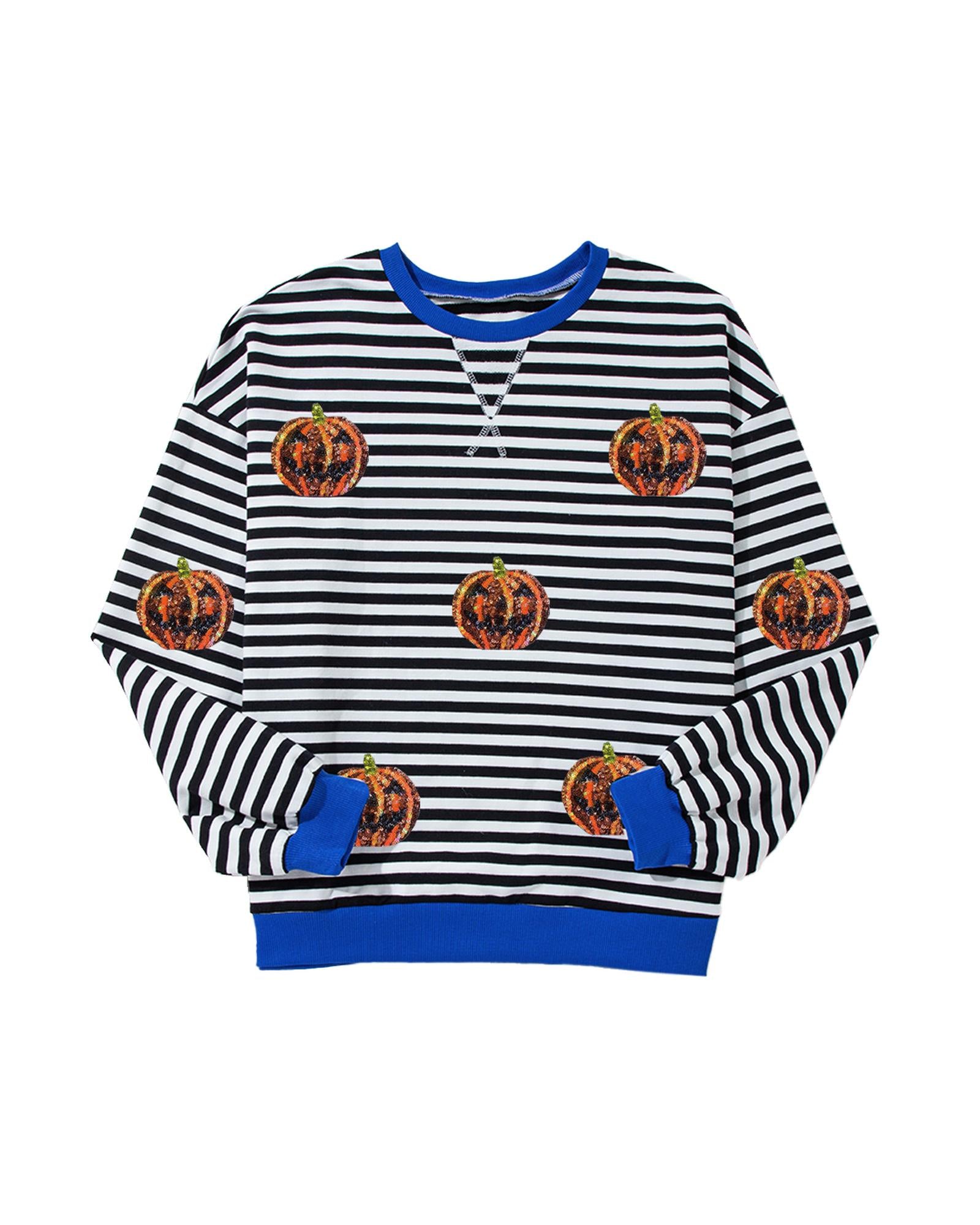 Black Stripe Funny Halloween Pumpkin Face Pattern Oversize Sweatshirt - M