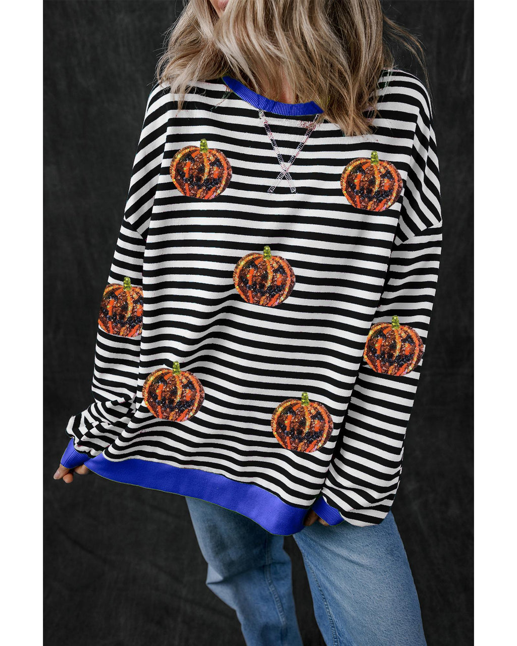 Black Stripe Funny Halloween Pumpkin Face Pattern Oversize Sweatshirt - XL