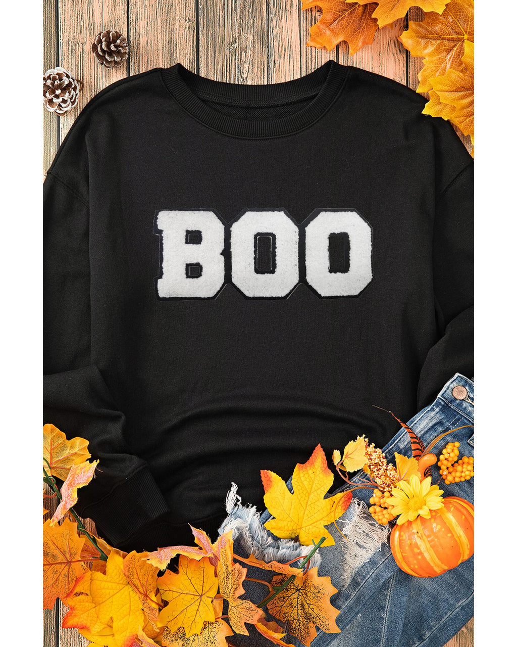 Black Chenille BOO Patched Pattern Crewneck Halloween Sweatshirt - L
