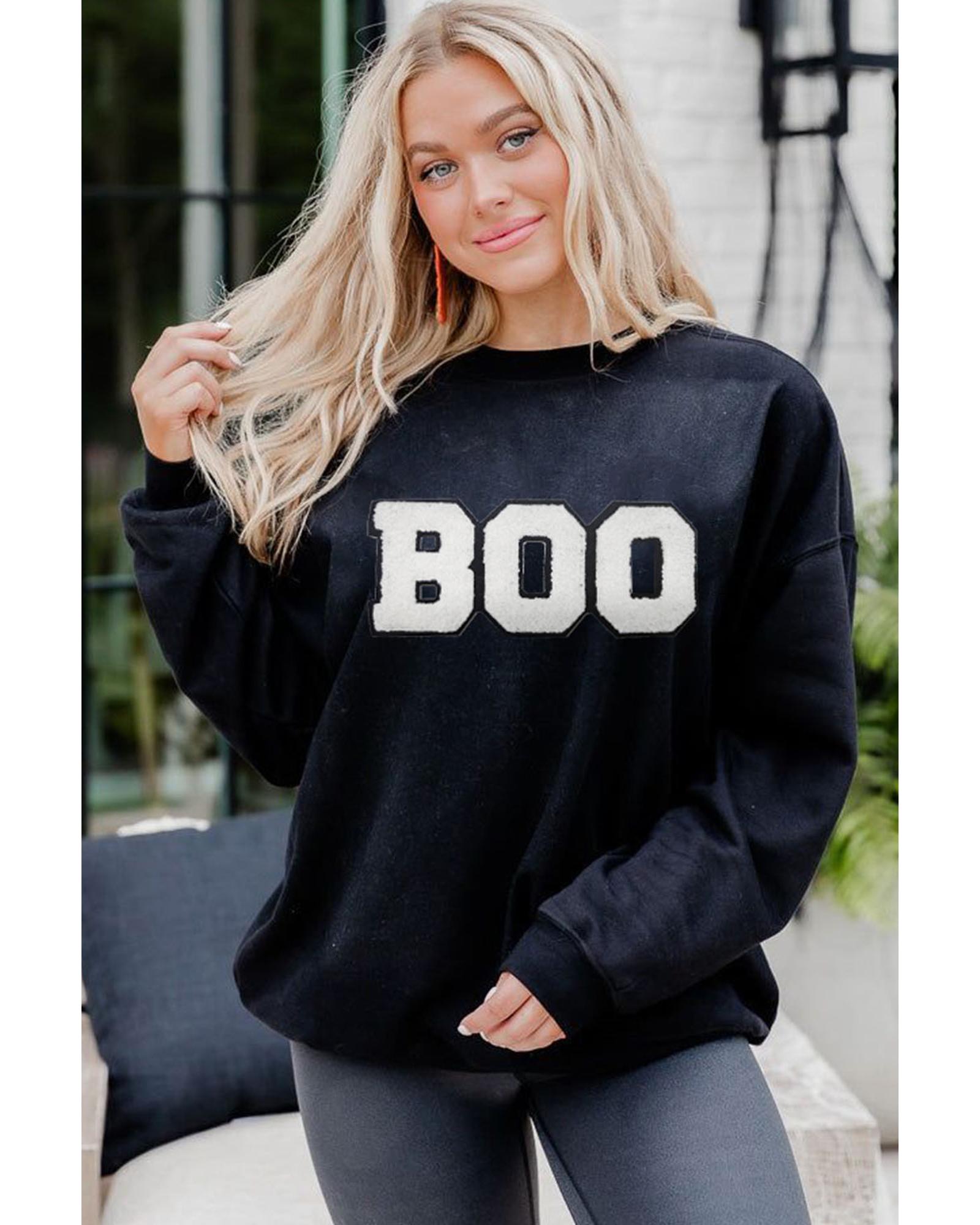 Black Chenille BOO Patched Pattern Crewneck Halloween Sweatshirt - M