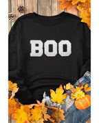 Black Chenille BOO Patched Pattern Crewneck Halloween Sweatshirt - M