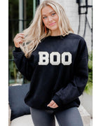 Black Chenille BOO Patched Pattern Crewneck Halloween Sweatshirt - S
