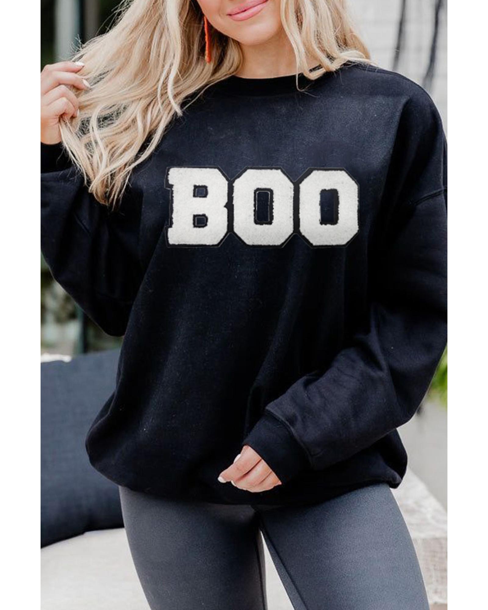 Black Chenille BOO Patched Pattern Crewneck Halloween Sweatshirt - XL