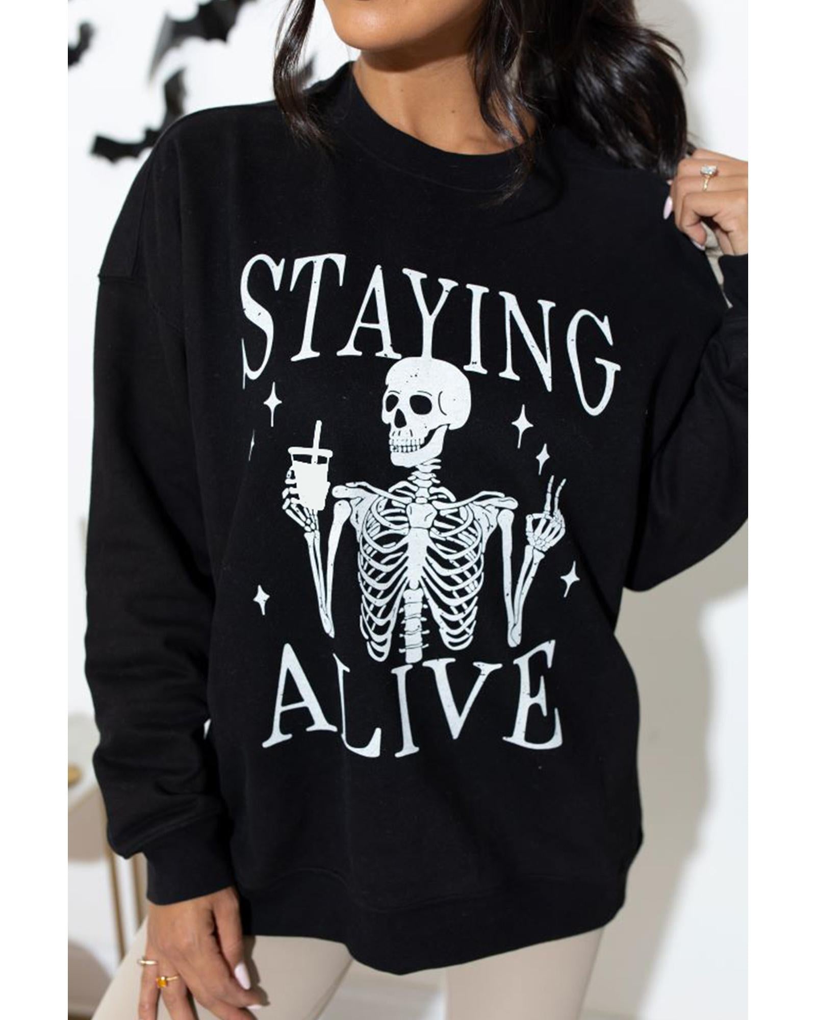 Black STAYING ALIVE Skull Graphic Crewneck Halloween Sweatshirt - L