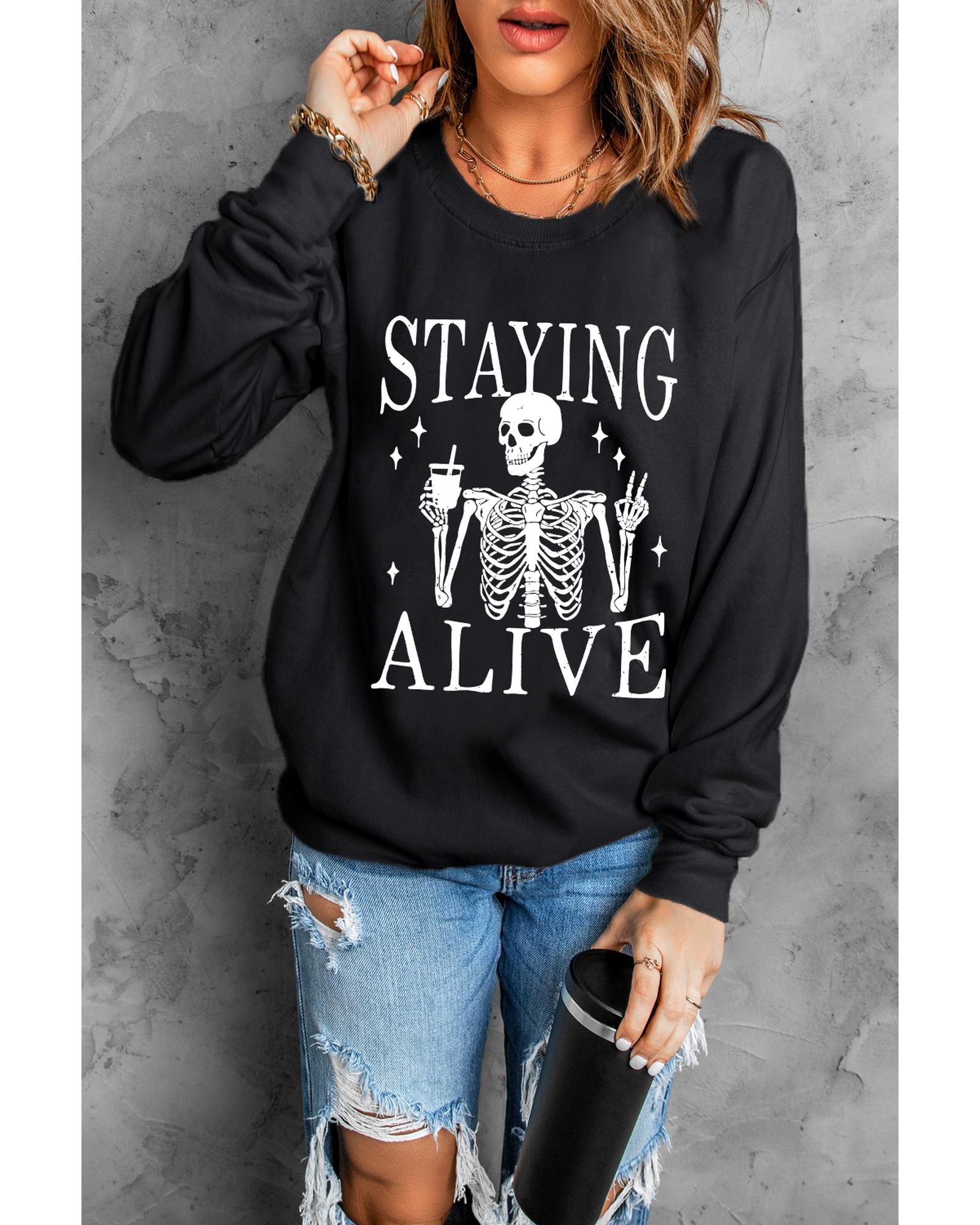 Black STAYING ALIVE Skull Graphic Crewneck Halloween Sweatshirt - L