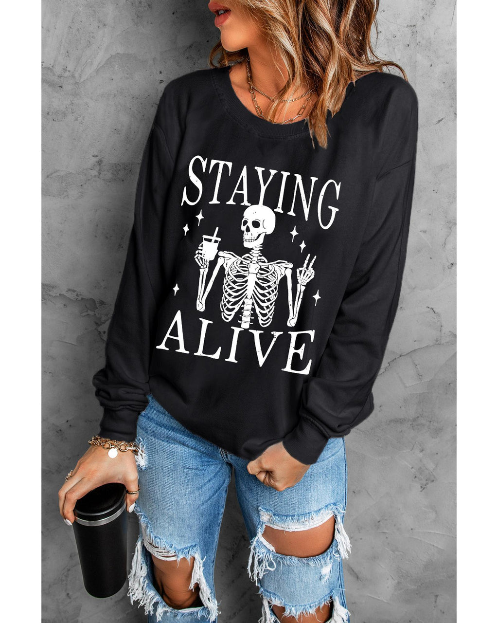 Black STAYING ALIVE Skull Graphic Crewneck Halloween Sweatshirt - M