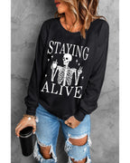 Black STAYING ALIVE Skull Graphic Crewneck Halloween Sweatshirt - M