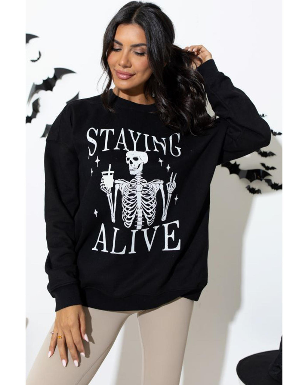 Black STAYING ALIVE Skull Graphic Crewneck Halloween Sweatshirt - S