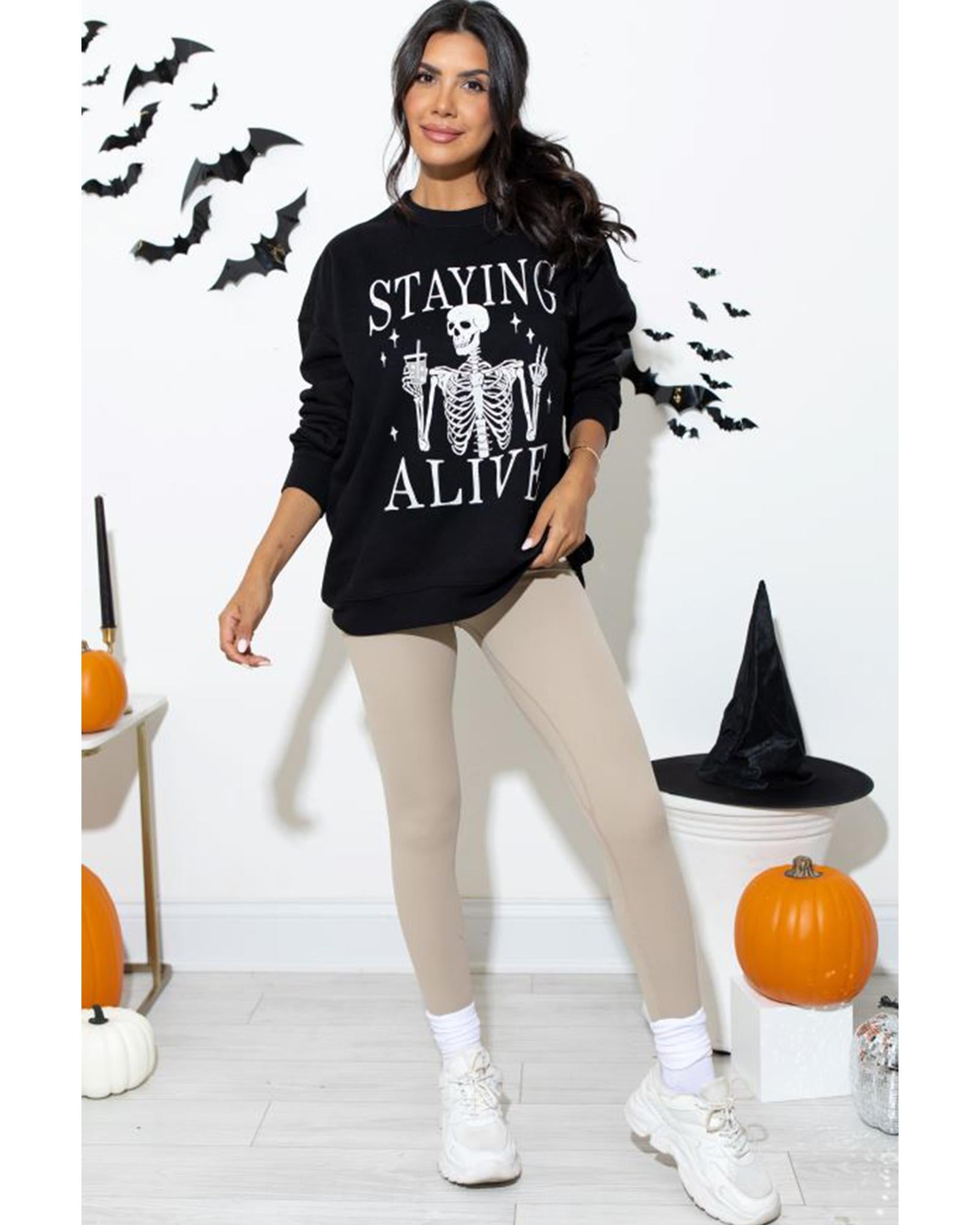 Black STAYING ALIVE Skull Graphic Crewneck Halloween Sweatshirt - S