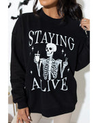 Black STAYING ALIVE Skull Graphic Crewneck Halloween Sweatshirt - XL
