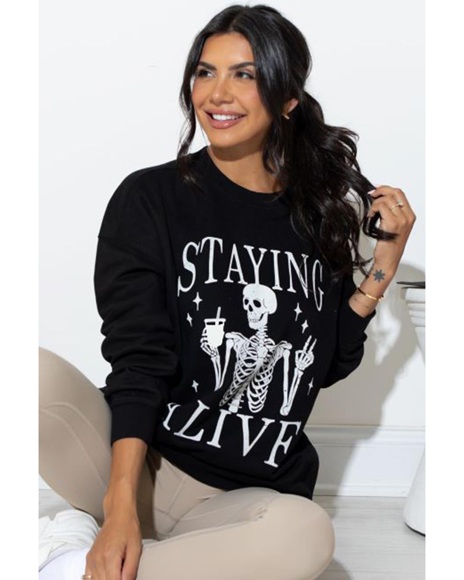 Black STAYING ALIVE Skull Graphic Crewneck Halloween Sweatshirt - XL