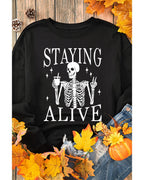 Black STAYING ALIVE Skull Graphic Crewneck Halloween Sweatshirt - XL