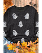 Black Halloween Ghost Corded Crew Neck Loose Sweatshirt - S