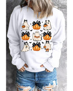 Beige Halloween Ghost Pumpkin Print Crew Neck Sweatshirt - L