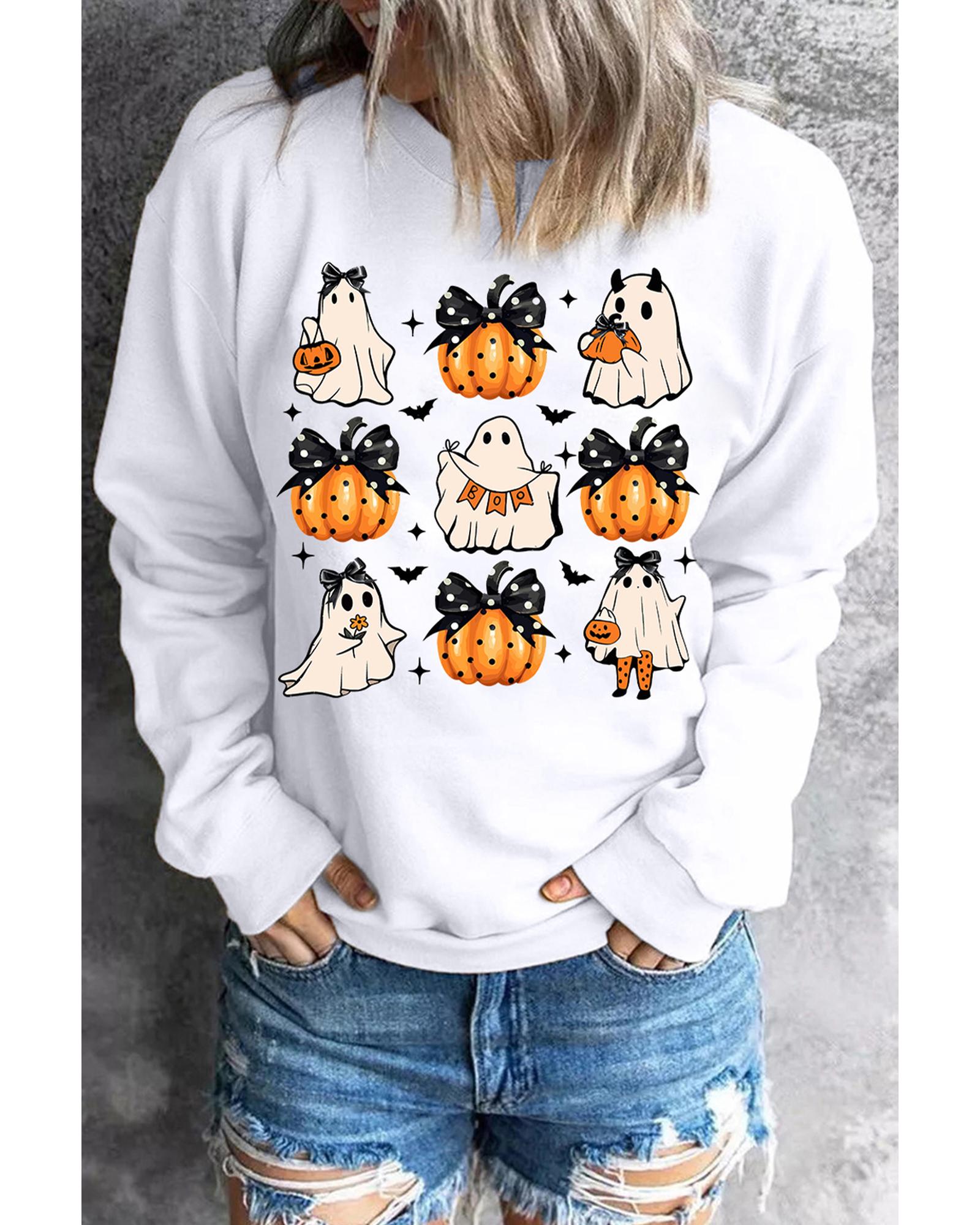 Beige Halloween Ghost Pumpkin Print Crew Neck Sweatshirt - M
