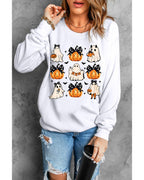 Beige Halloween Ghost Pumpkin Print Crew Neck Sweatshirt - M