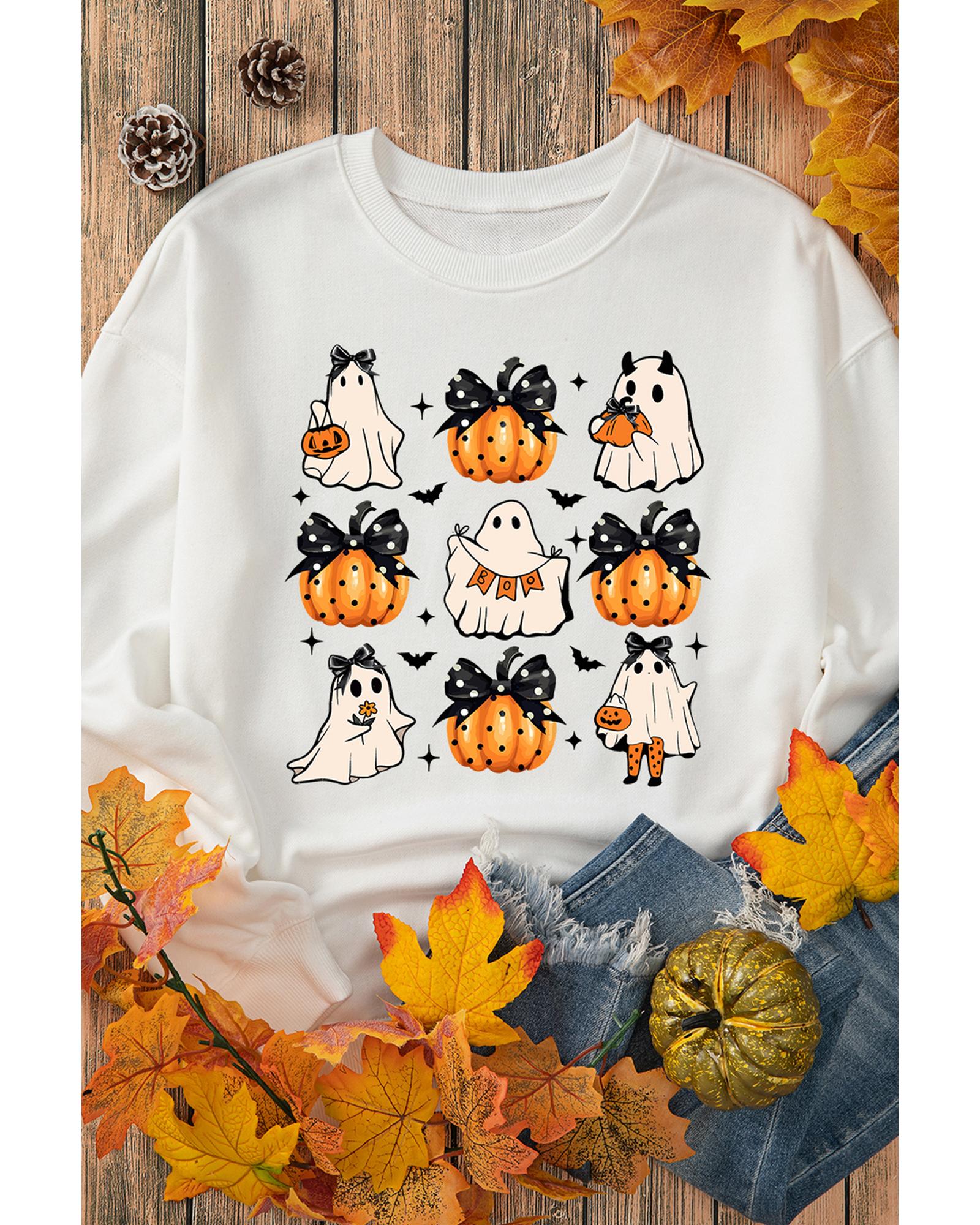 Beige Halloween Ghost Pumpkin Print Crew Neck Sweatshirt - S