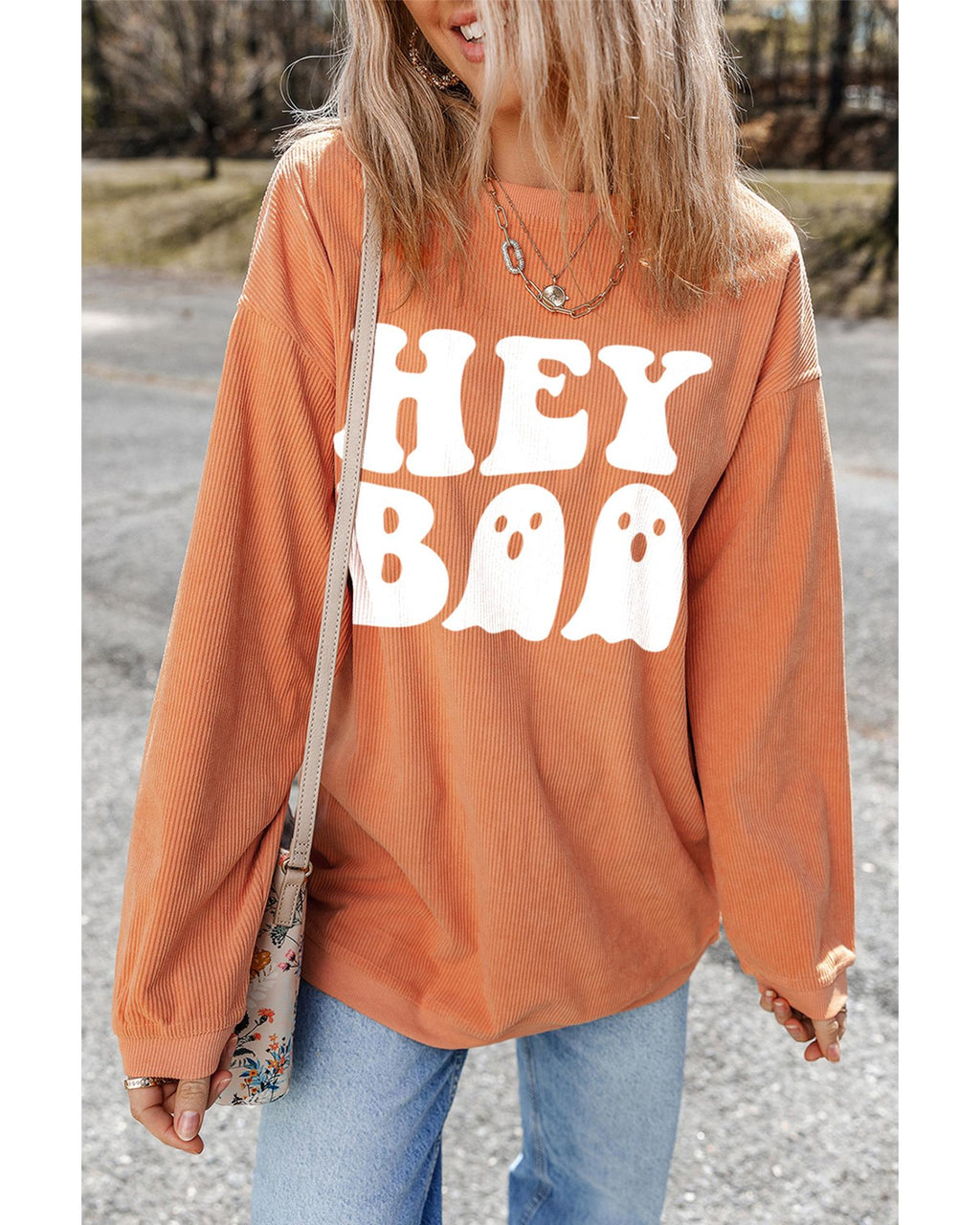 Orange Halloween Hey Boo Ghost Print Loose Sweatshirt - M
