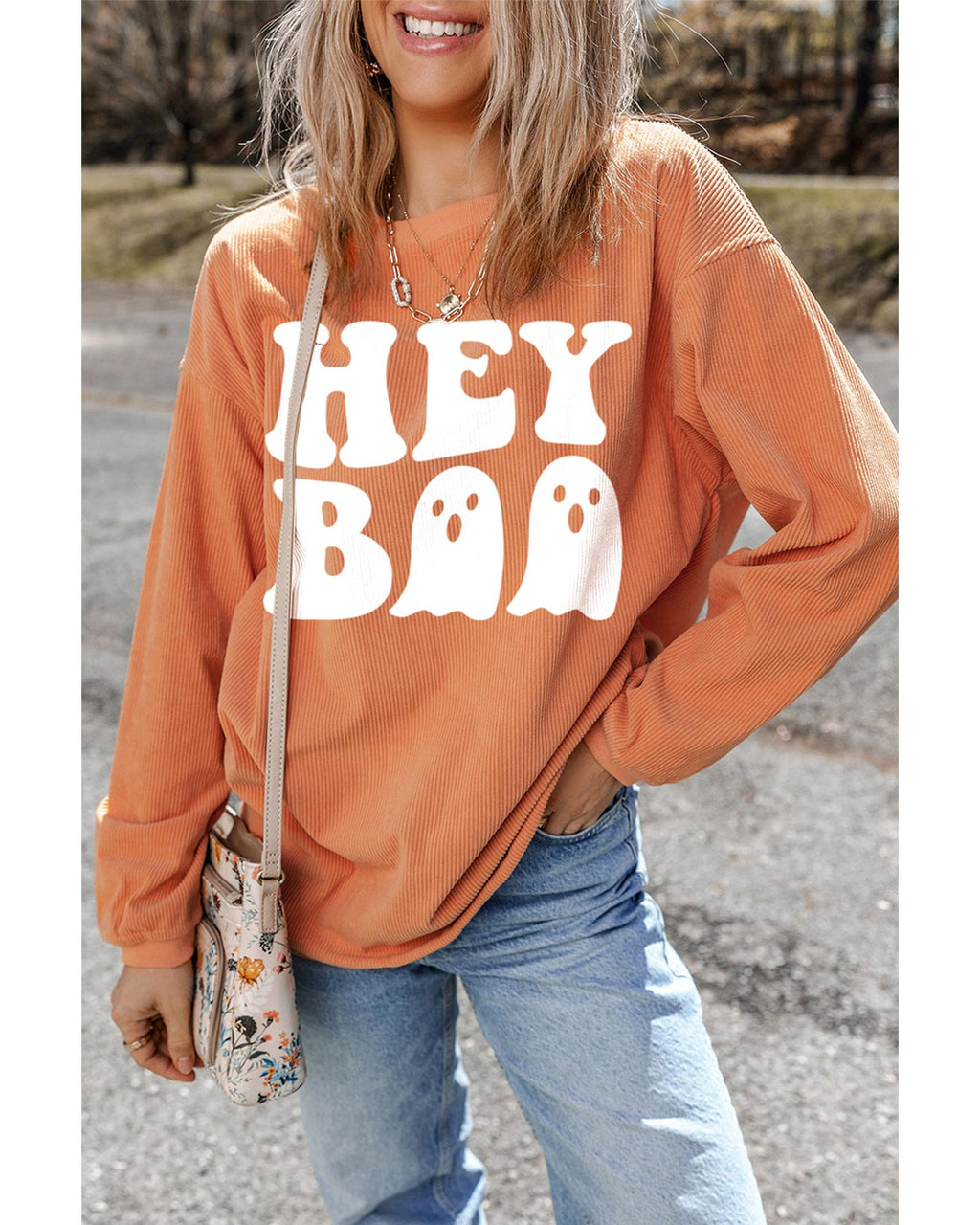 Orange Halloween Hey Boo Ghost Print Loose Sweatshirt - S