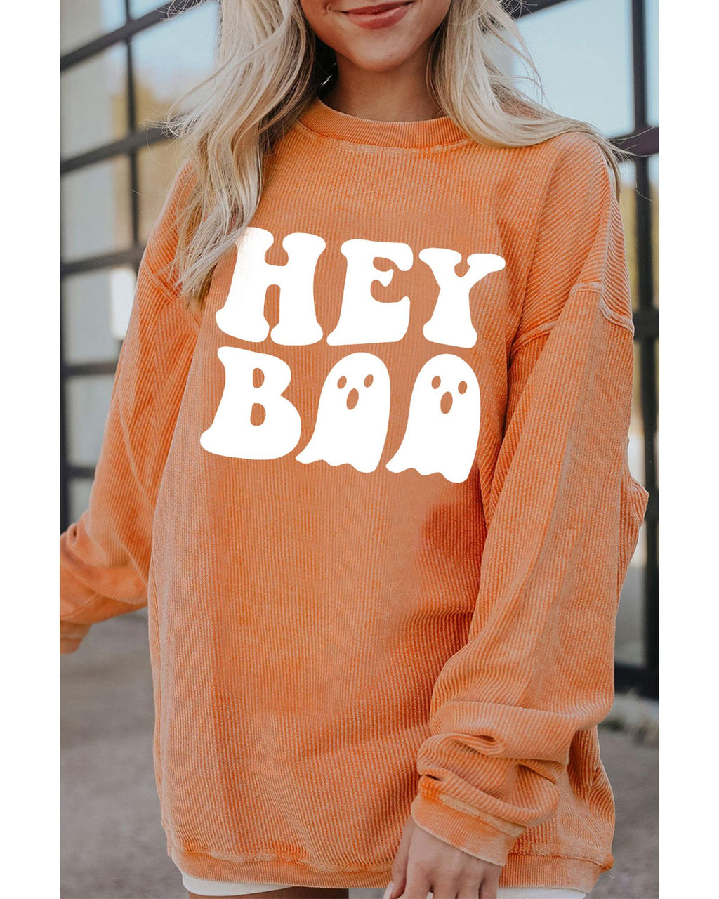 Orange Halloween Hey Boo Ghost Print Loose Sweatshirt - S