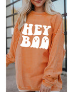Orange Halloween Hey Boo Ghost Print Loose Sweatshirt - S