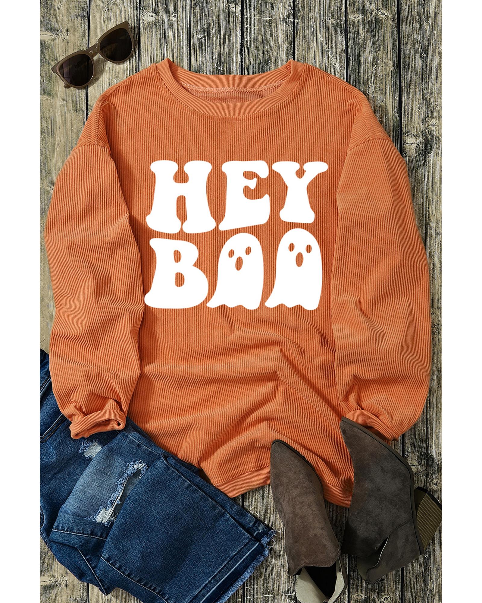 Orange Halloween Hey Boo Ghost Print Loose Sweatshirt - S