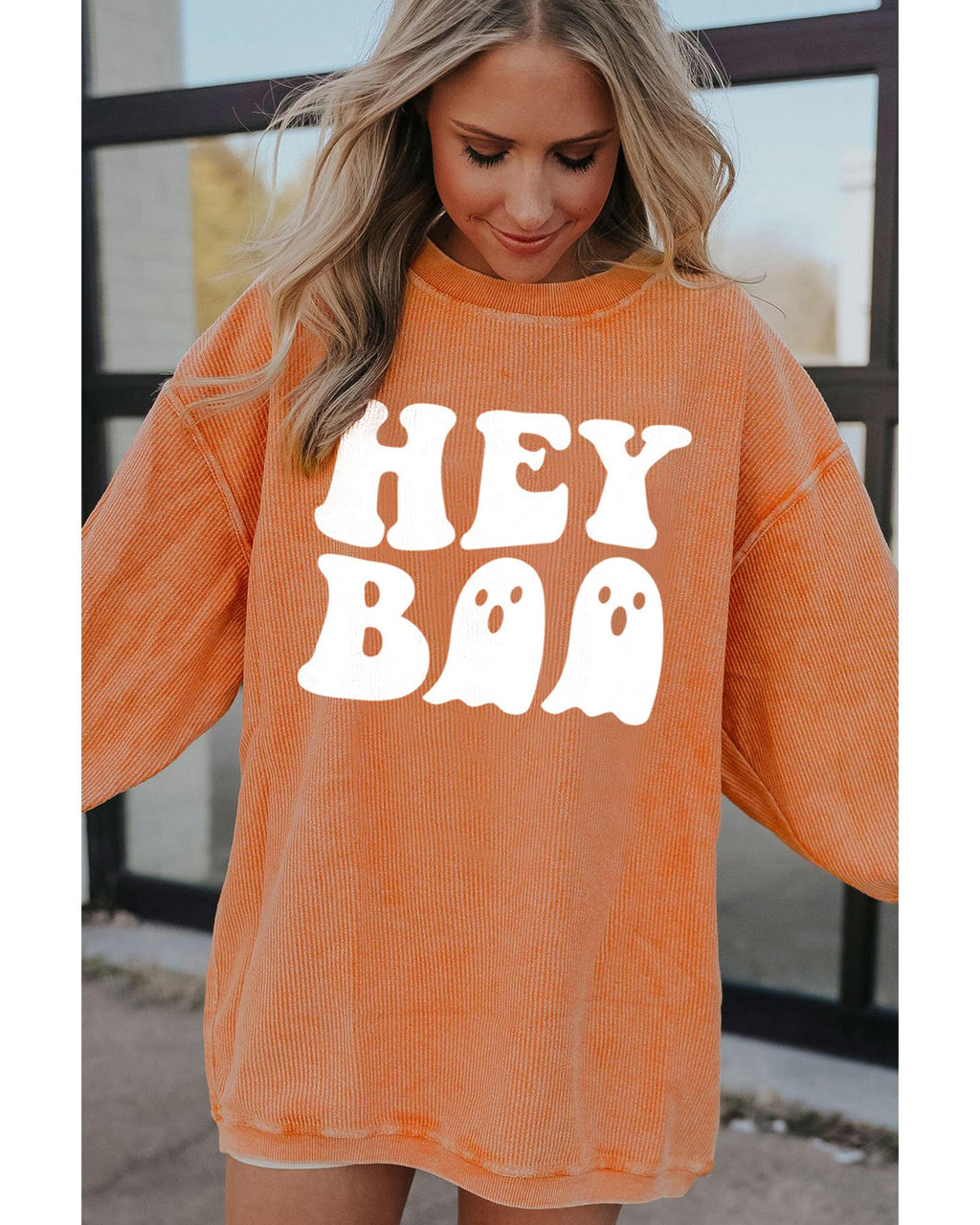 Orange Halloween Hey Boo Ghost Print Loose Sweatshirt - XL