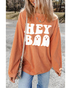 Orange Halloween Hey Boo Ghost Print Loose Sweatshirt - XL