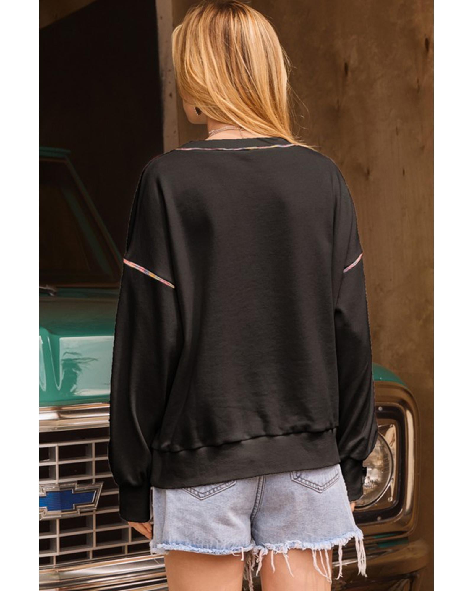 Black Sequin Pumpkin Face Graphic Exposed Seam Halloween Sweatshirt - M