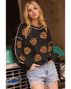 Black Sequin Pumpkin Face Graphic Exposed Seam Halloween Sweatshirt - XL