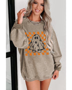 Khaki Checkerboard Floral Ghost Graphic Corded Halloween Sweatshirt - L