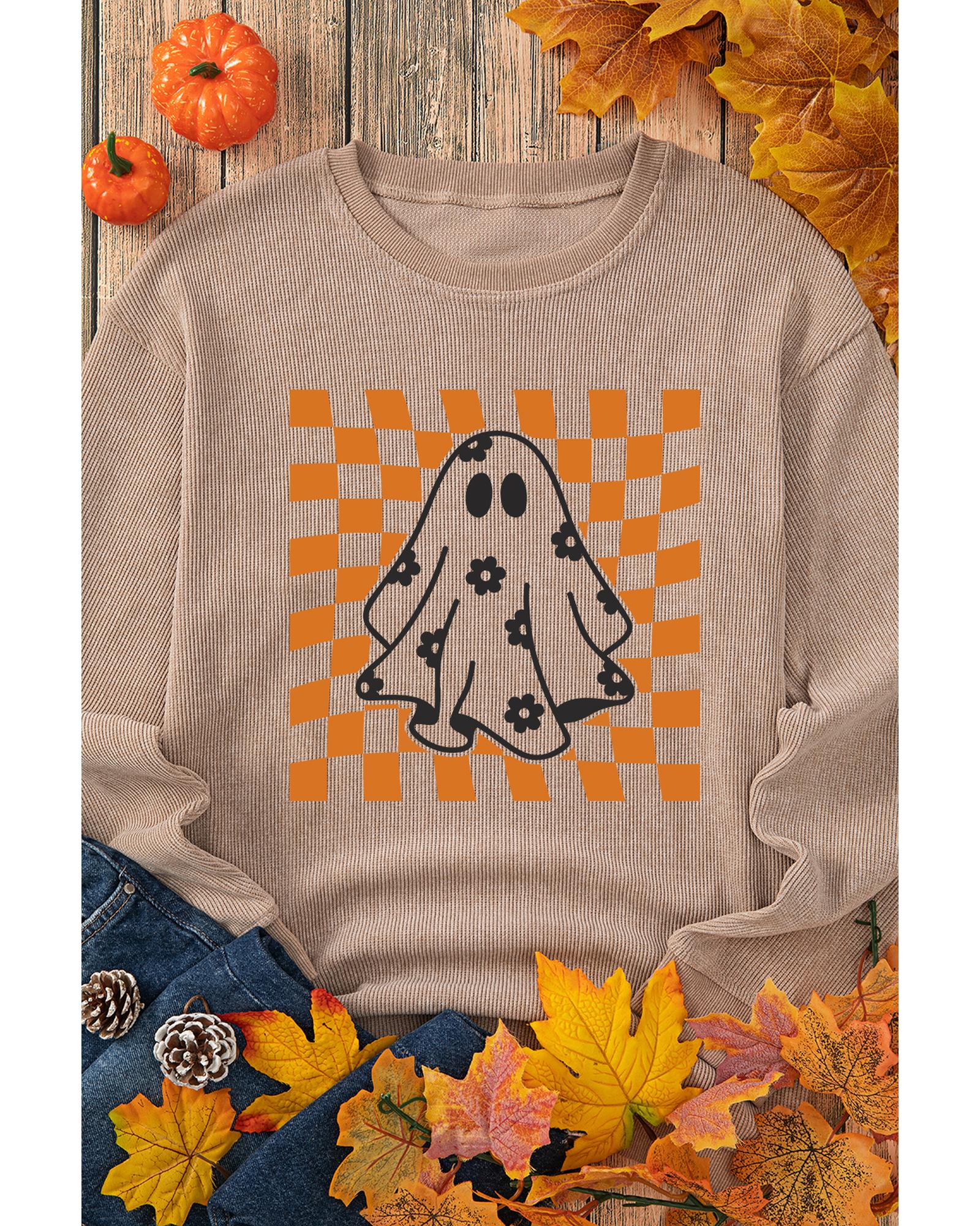 Khaki Checkerboard Floral Ghost Graphic Corded Halloween Sweatshirt - S